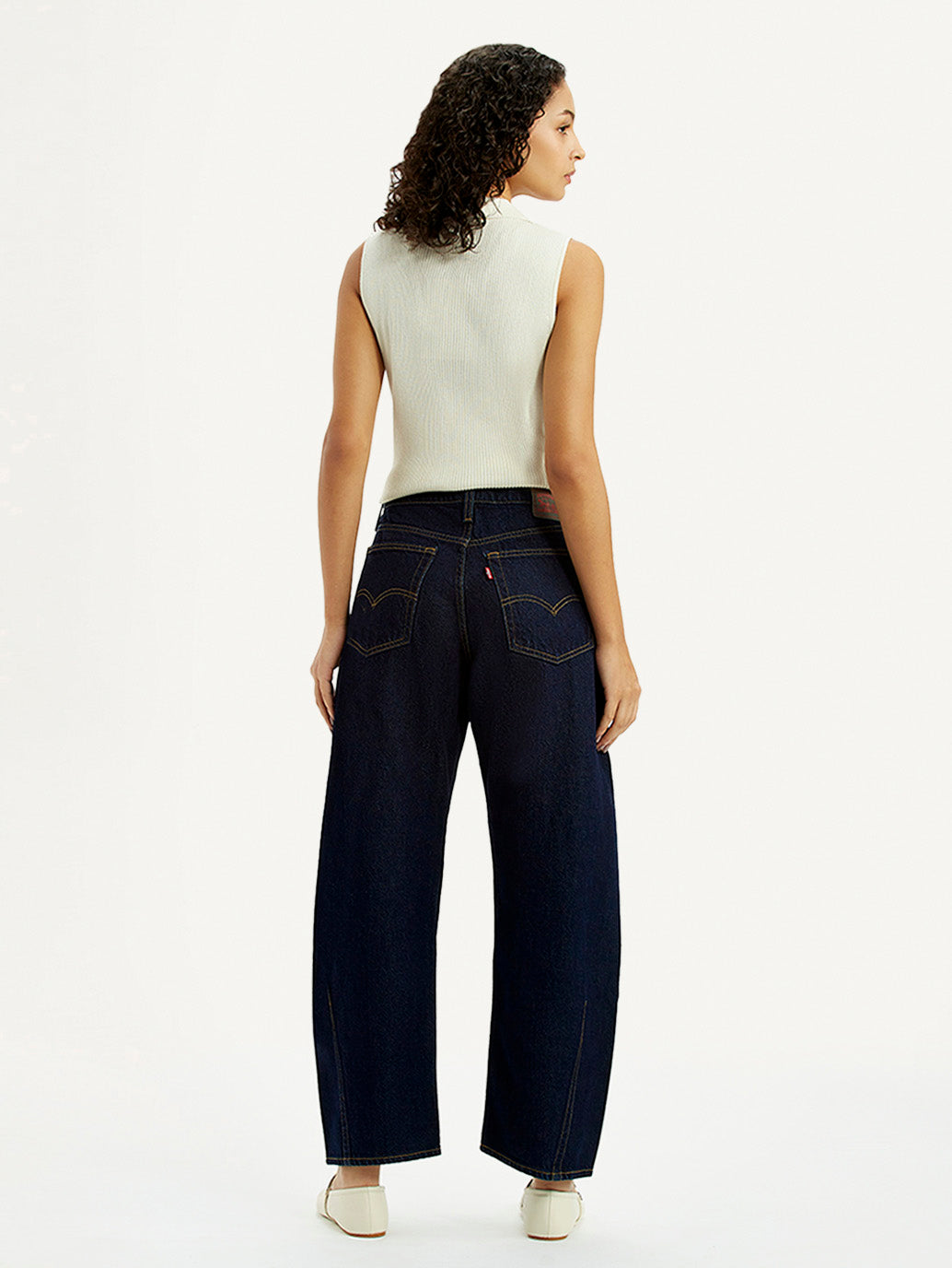 Women's Dark Blue Barrel Loose Fit Mid Rise Jeans - Back View