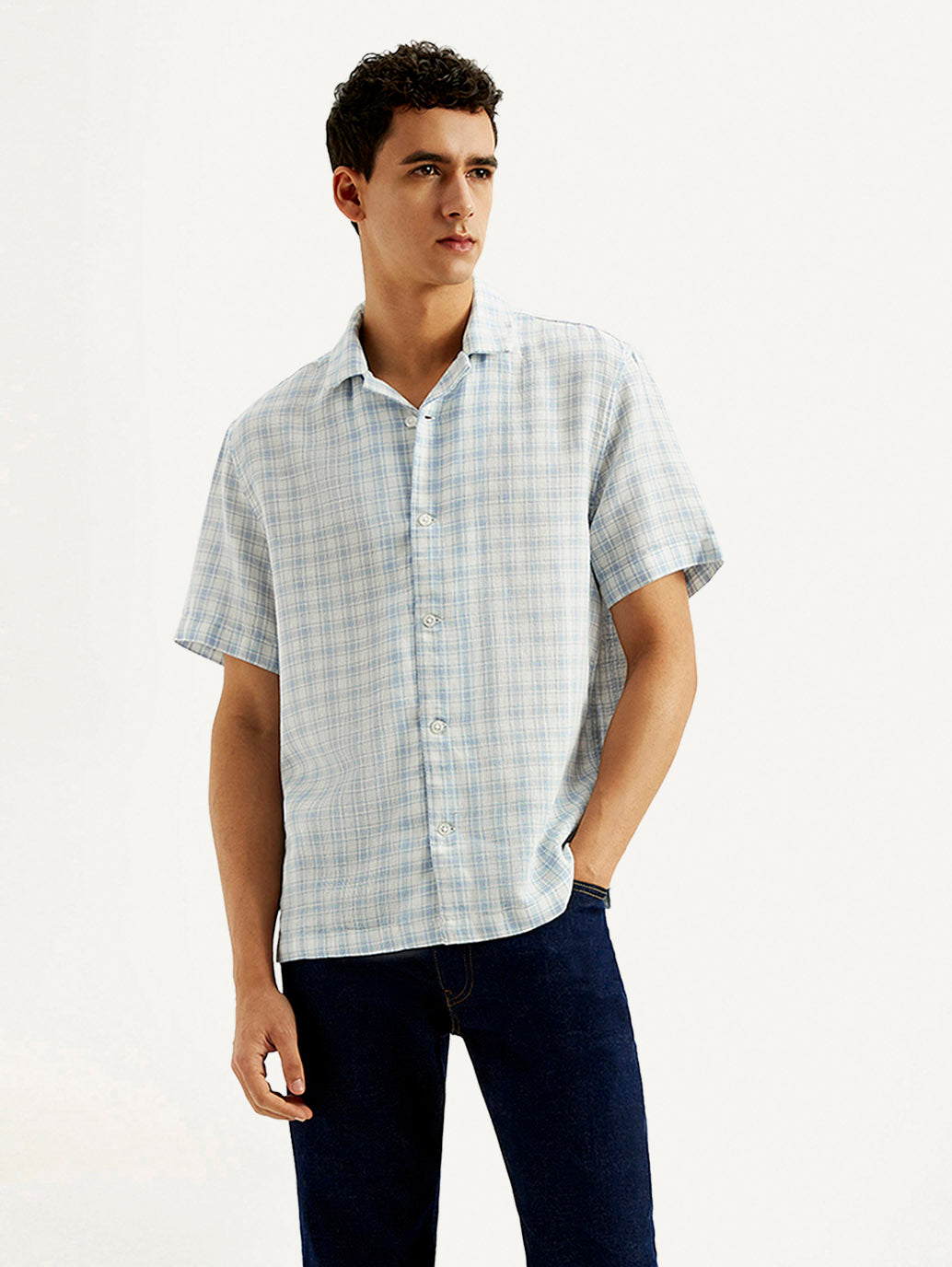 Men's Checkered Slim Fit Camp Linen Shirt - Styleshot View