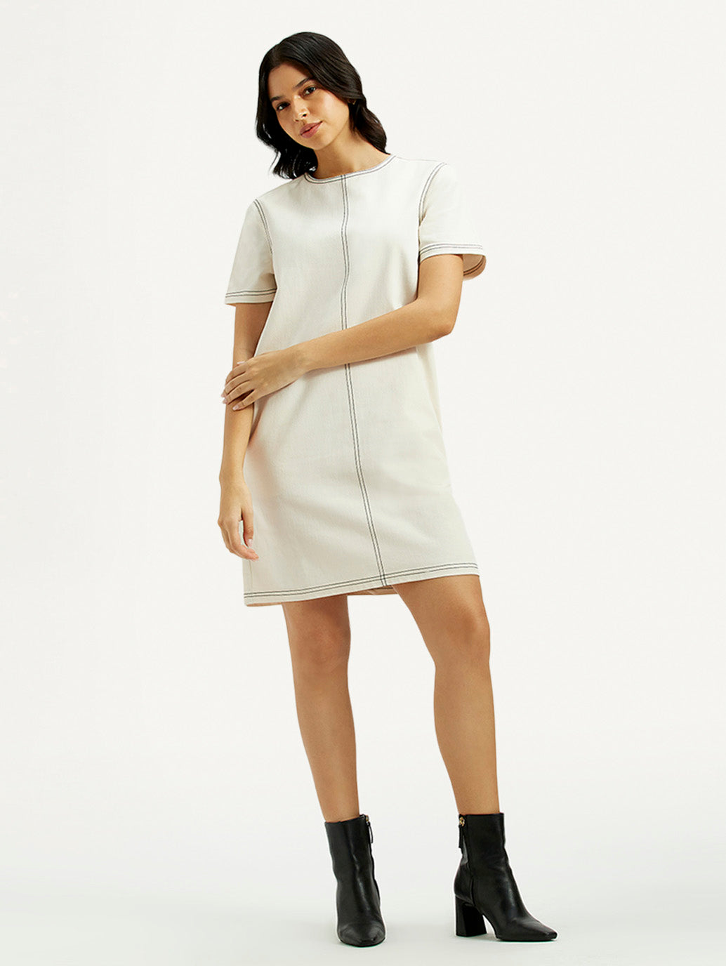 Women's Solid White Round Neck Denim Dress