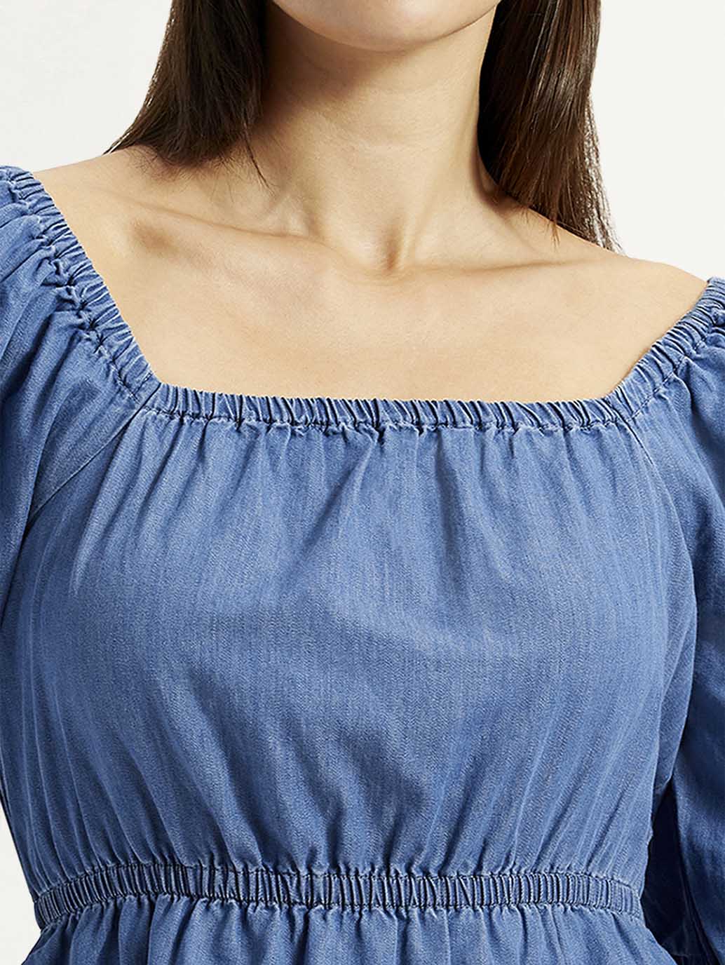 Women's Solid Dark Blue Square Neck Top - Detail View
