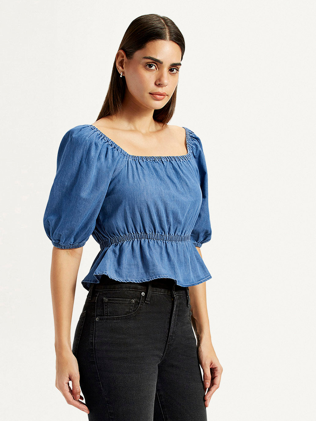 Women's Solid Dark Blue Square Neck Top - Side View
