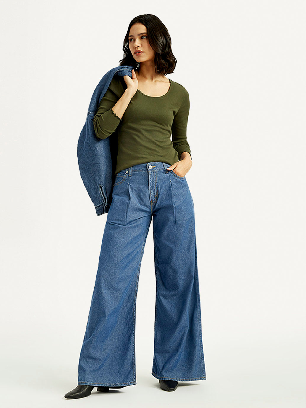 Women's Mid Indigo Baggy Fit High Rise Jeans - Styleshot View