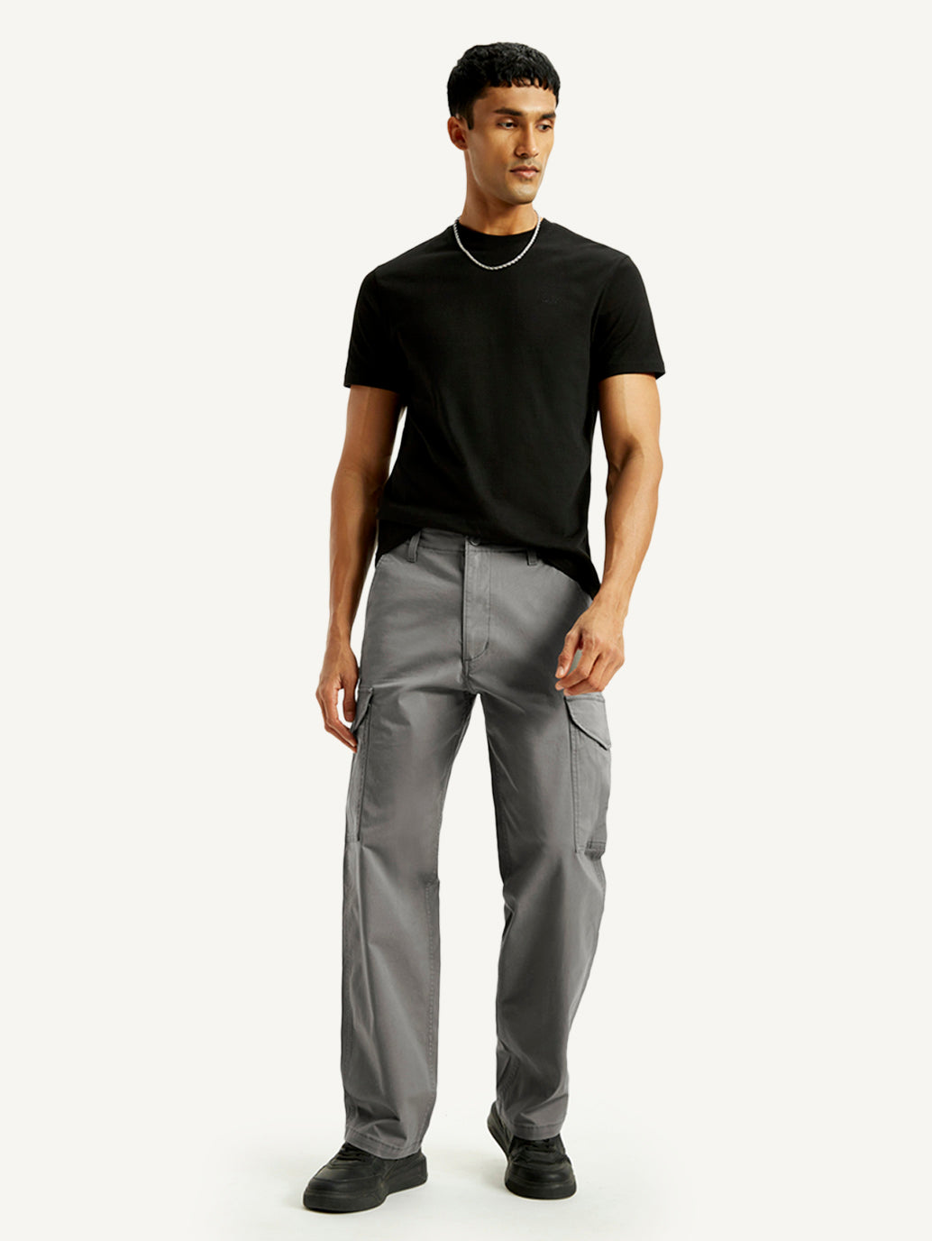 Men's Grey Baggy Fit Mid Rise Cargo Trousers - Elevated View