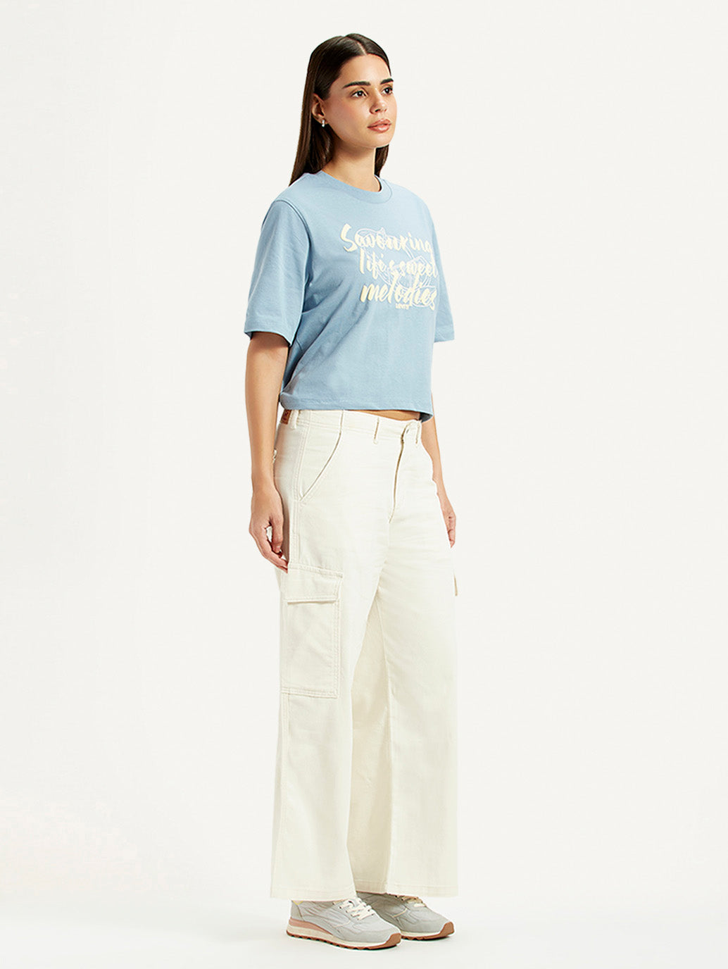 Women's Off White Loose Fit Mid Rise Cargos - Side View