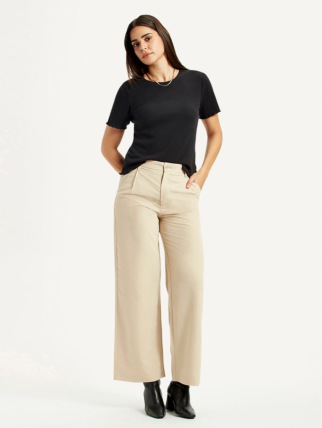Women's Beige Wide Leg Fit High Rise Trousers