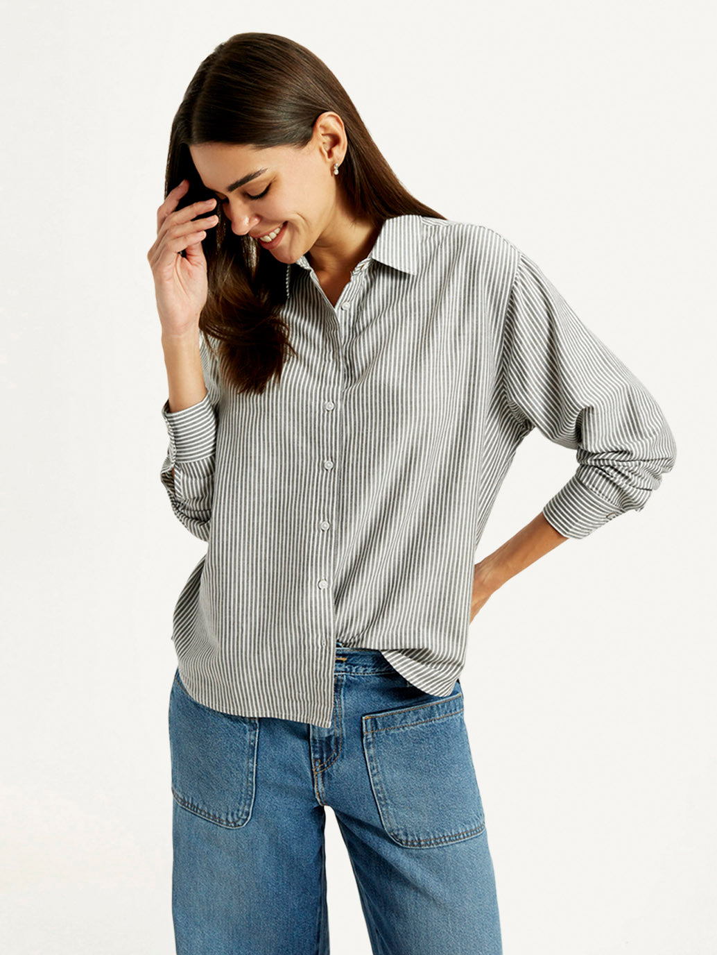 Women's Striped Grey Slim Fit Shirt - Elevated View