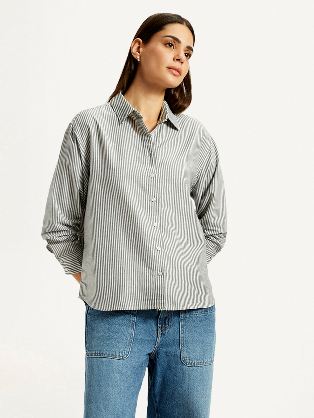 Women's Striped Grey Slim Fit Shirt - Styleshot View