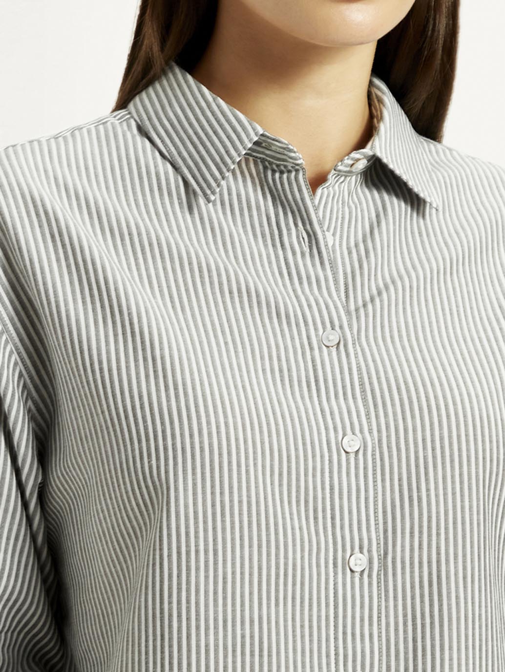 Women's Striped Grey Slim Fit Shirt - Detail View