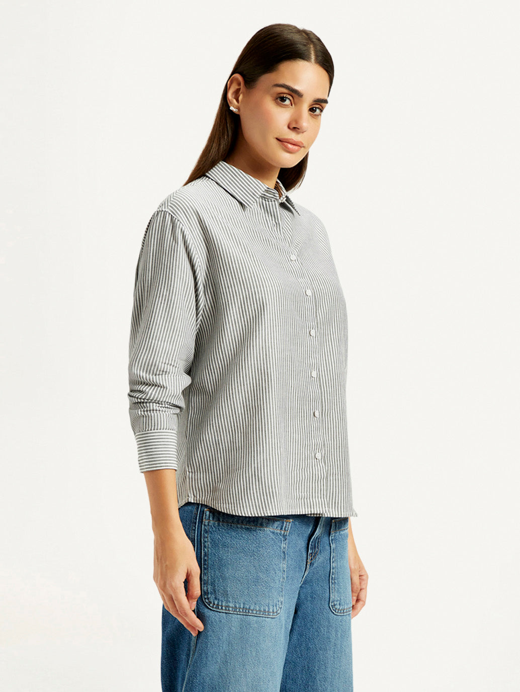 Women's Striped Grey Slim Fit Shirt - Side View