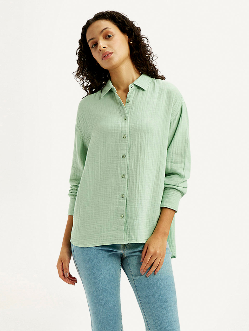 Women's Textured Light Green Slim Fit Shirt - Styleshot View