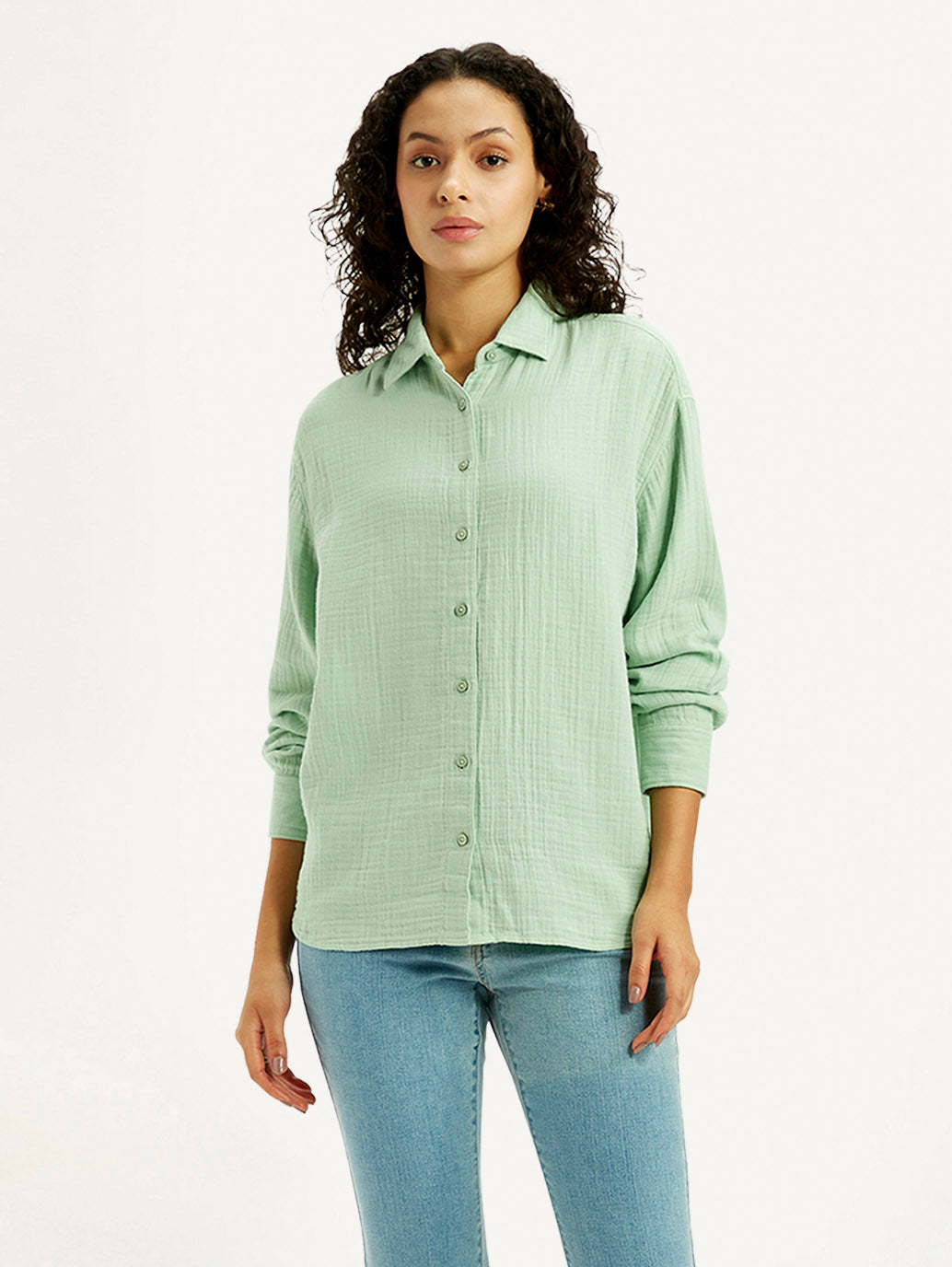 Women's Textured Light Green Slim Fit Shirt - Front View