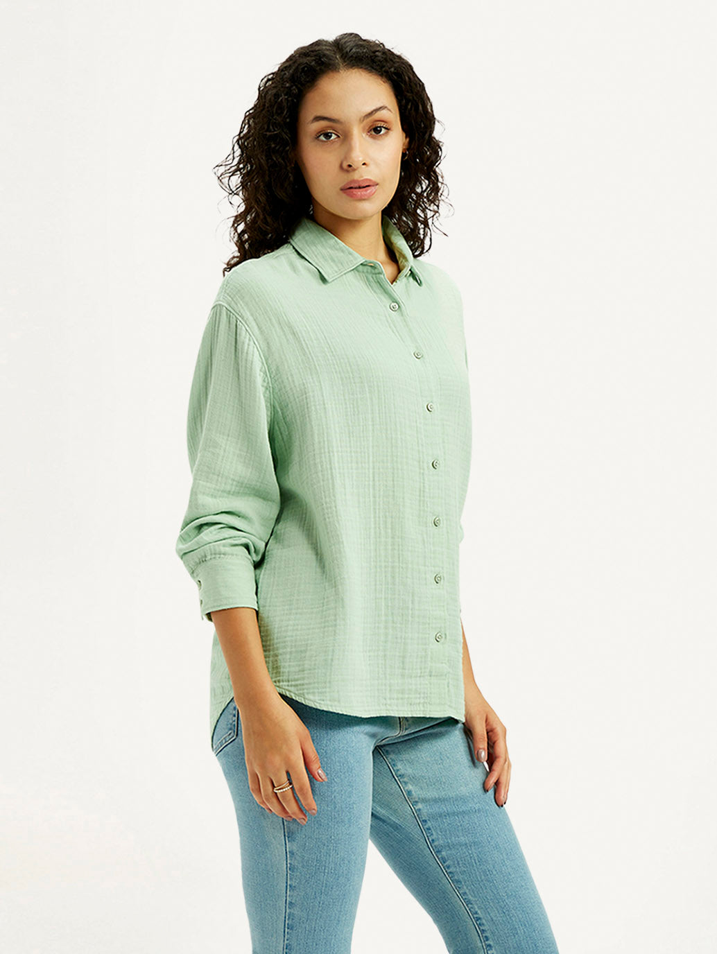 Women's Textured Light Green Slim Fit Shirt - Side View