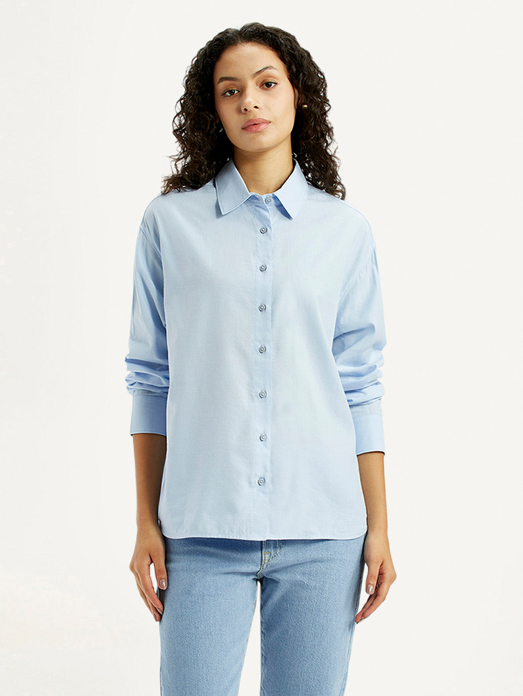 Women's Solid Light-Blue Slim Fit Shirt - Front View