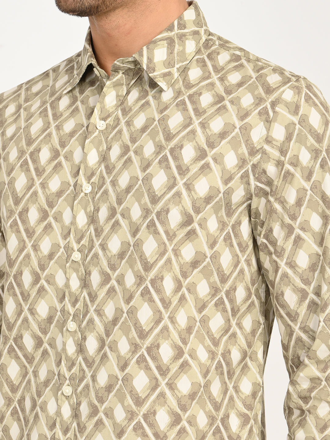 Men's Geometric Beige Slim Fit Shirt - deatil View