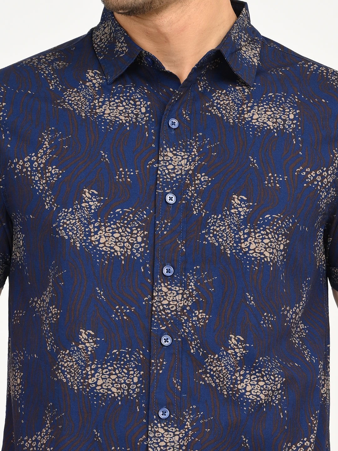 Men's Abstract Dark Blue Slim Fit Shirt - deatil View