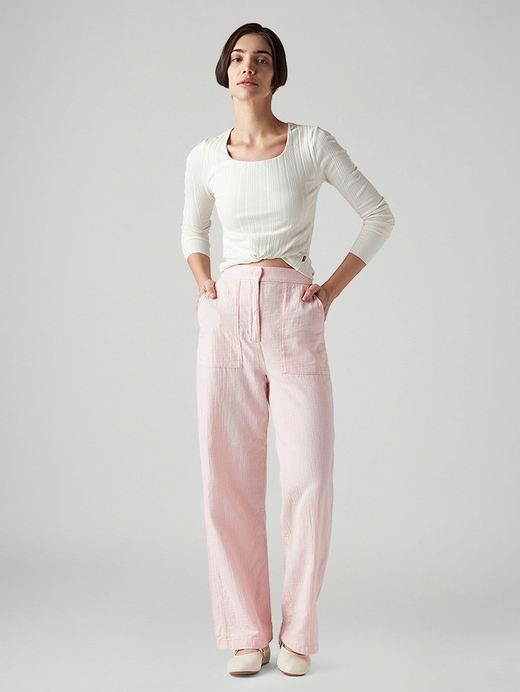 Women's Light Pink Loose Fit High Rise Cargos