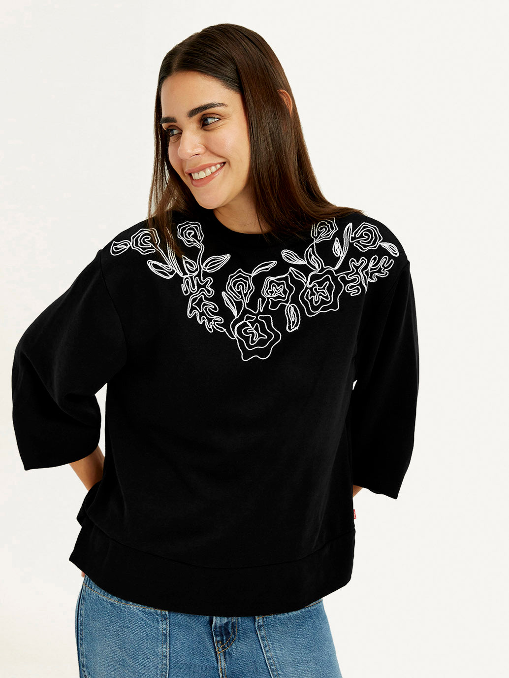 Women's Embroidered Black Oversized Crew Neck Sweatshirt - Elevated View