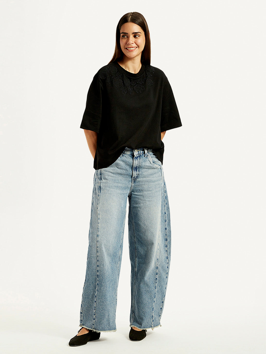 Women's Light Blue Baggy Dad Barrel Loose Fit Mid Rise Jeans - Styleshot View