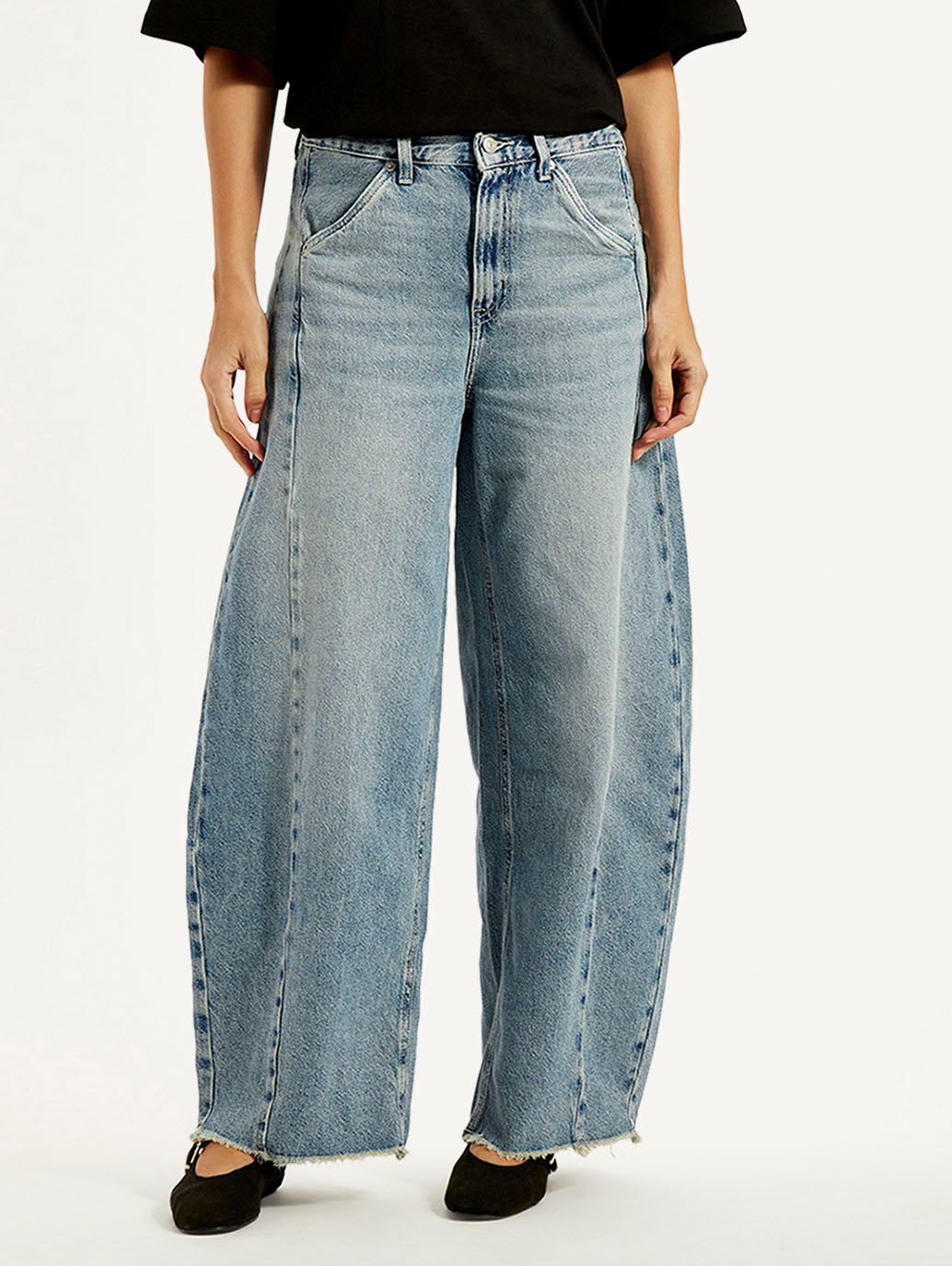Women's Light Blue Baggy Dad Barrel Loose Fit Mid Rise Jeans - Front View