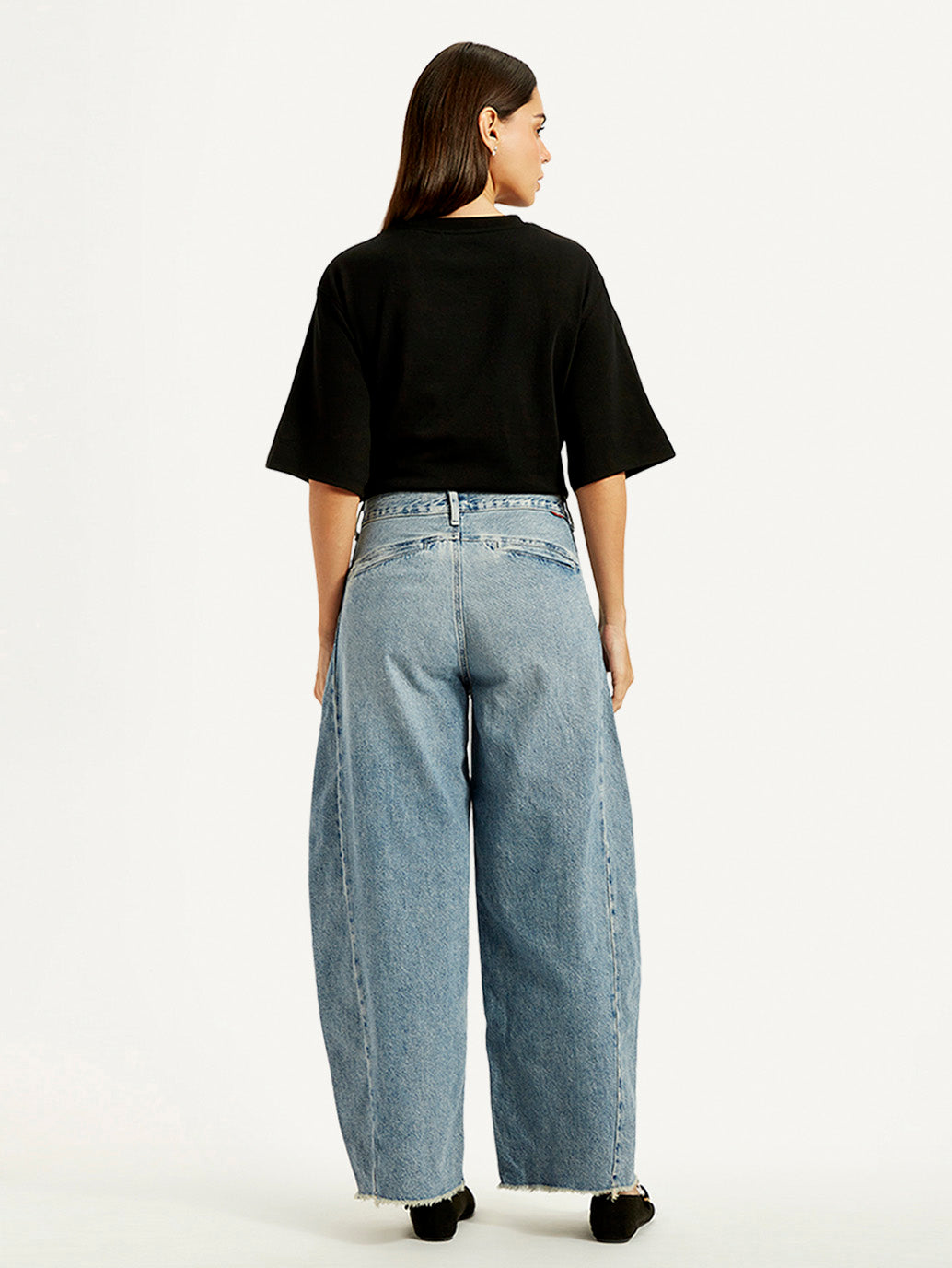 Women's Light Blue Baggy Dad Barrel Loose Fit Mid Rise Jeans - Back View