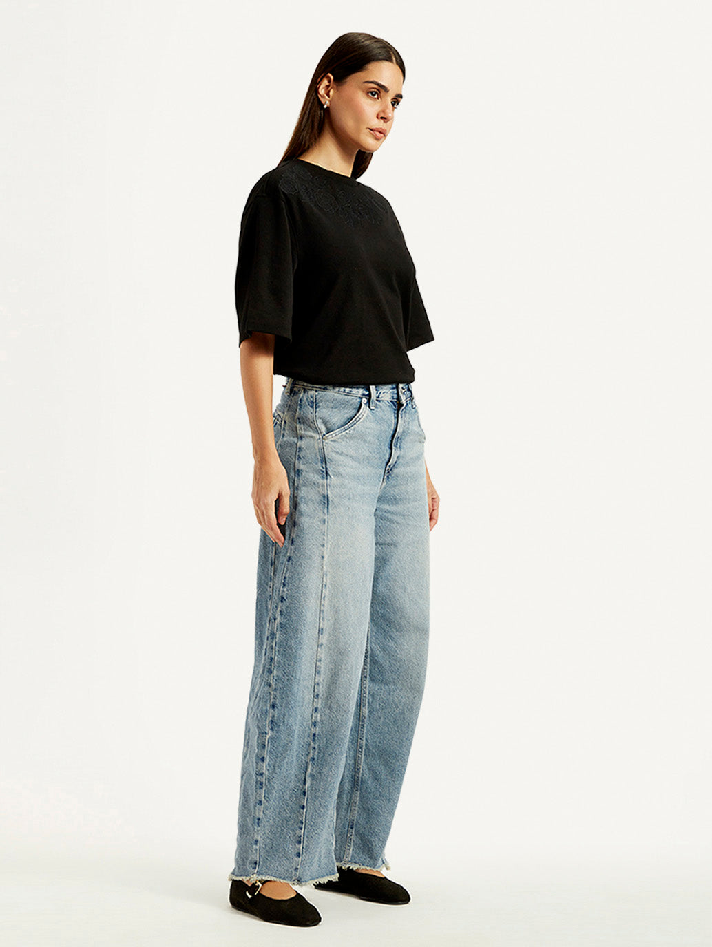Women's Light Blue Baggy Dad Barrel Loose Fit Mid Rise Jeans - Side View