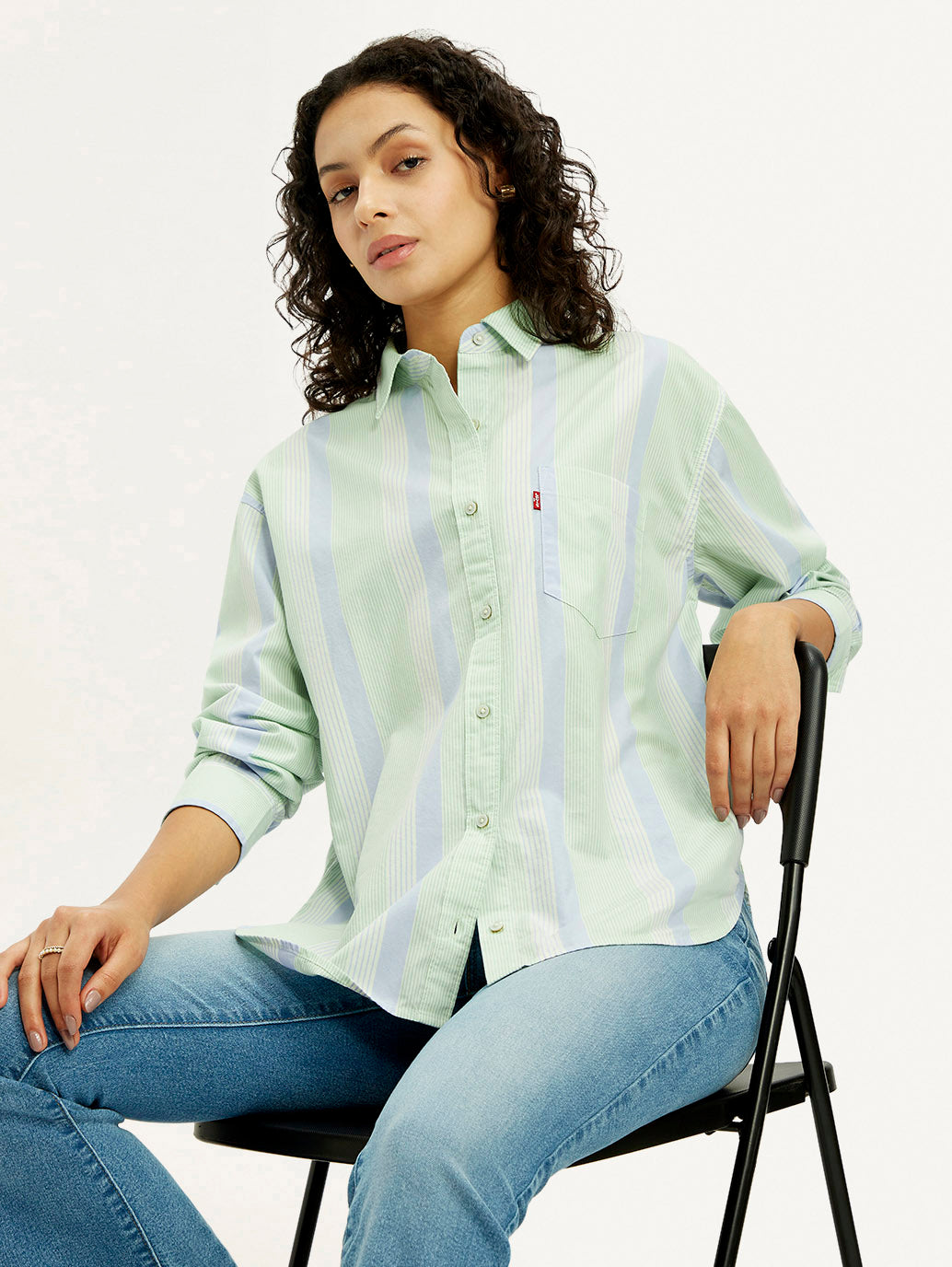 Women's Striped Light Green Slim Fit Shirt - Elevated View
