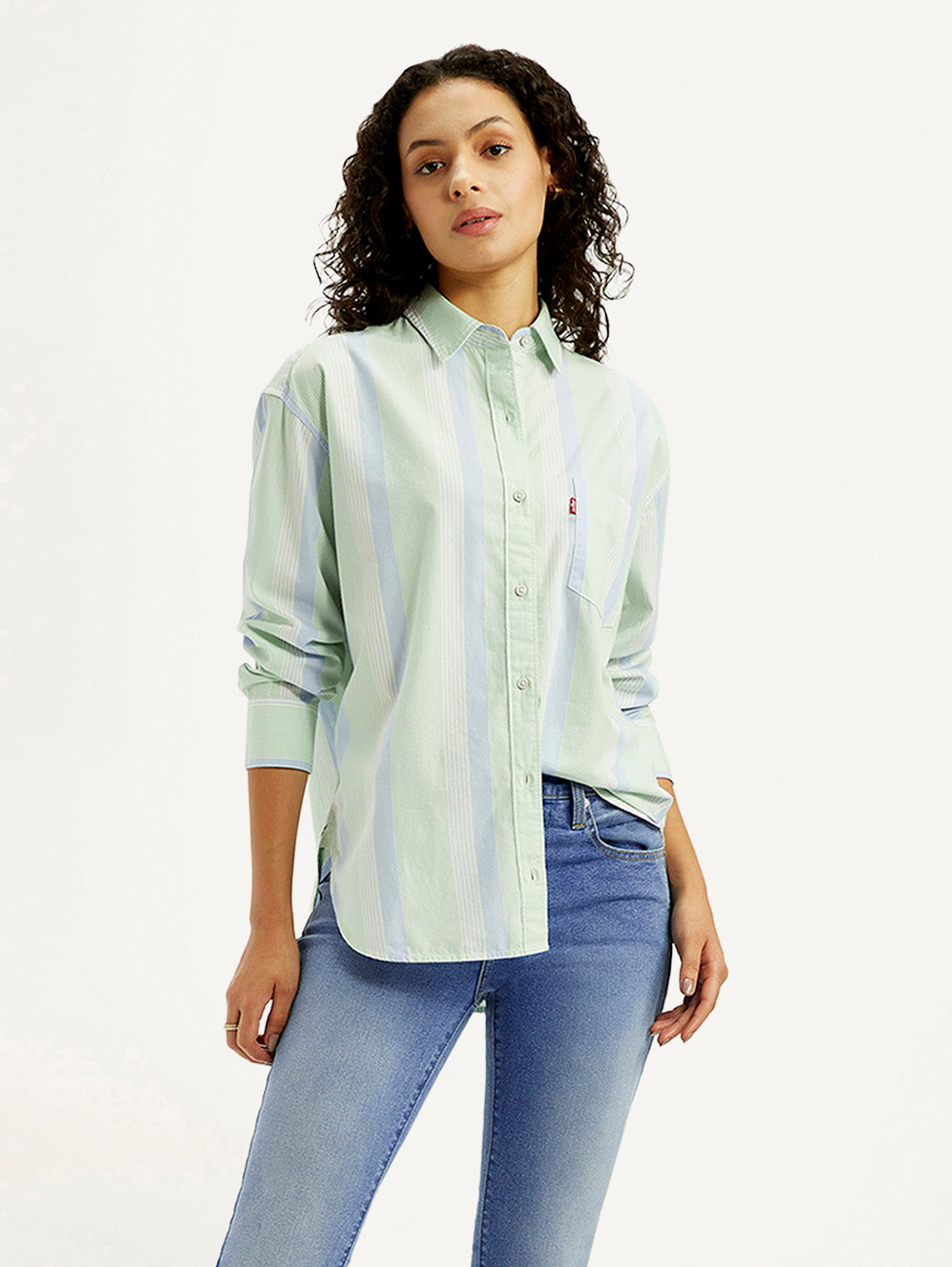 Women's Striped Light Green Slim Fit Shirt - Styleshot View