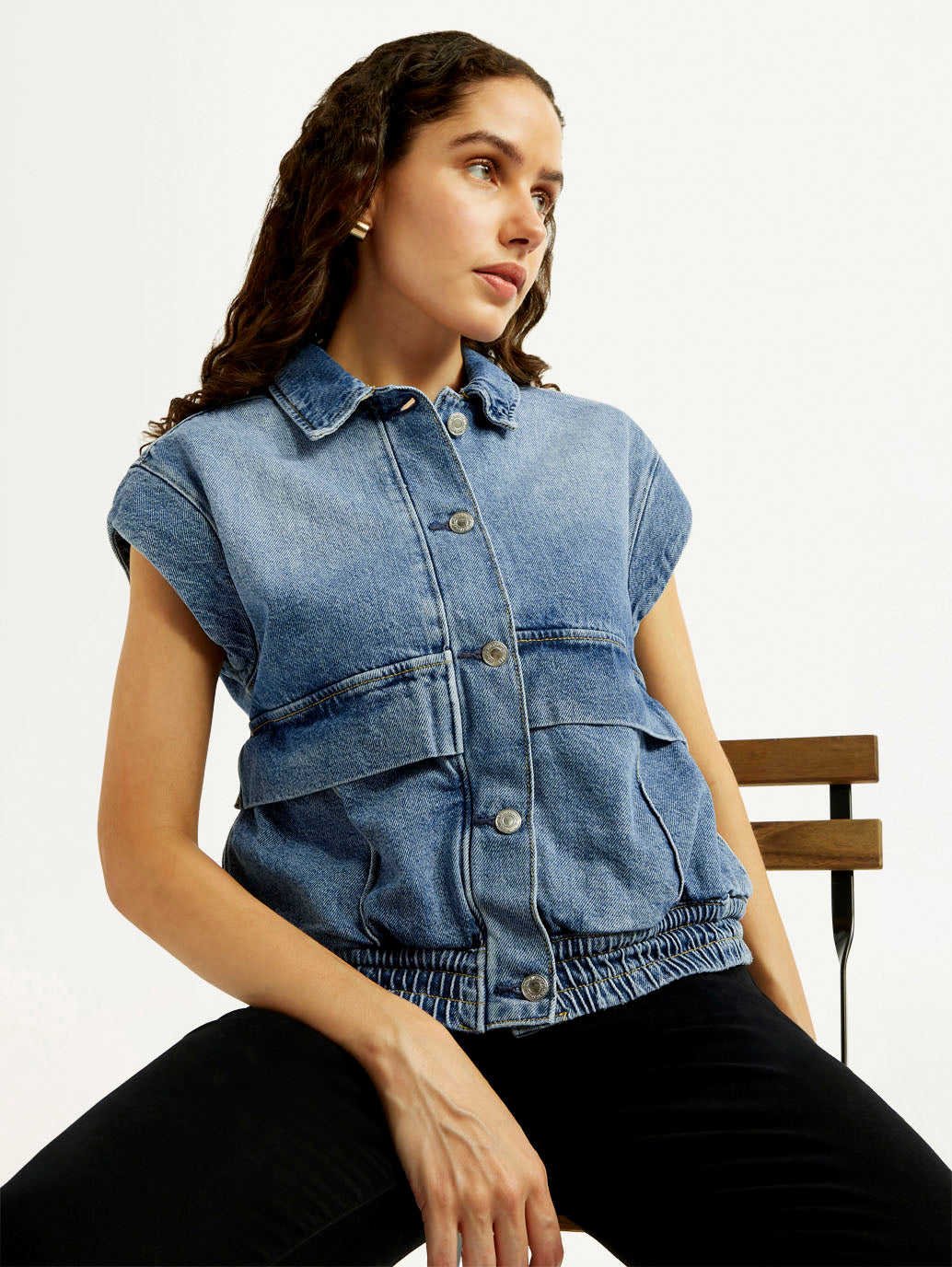 Women's Solid Blue Denim Jacket