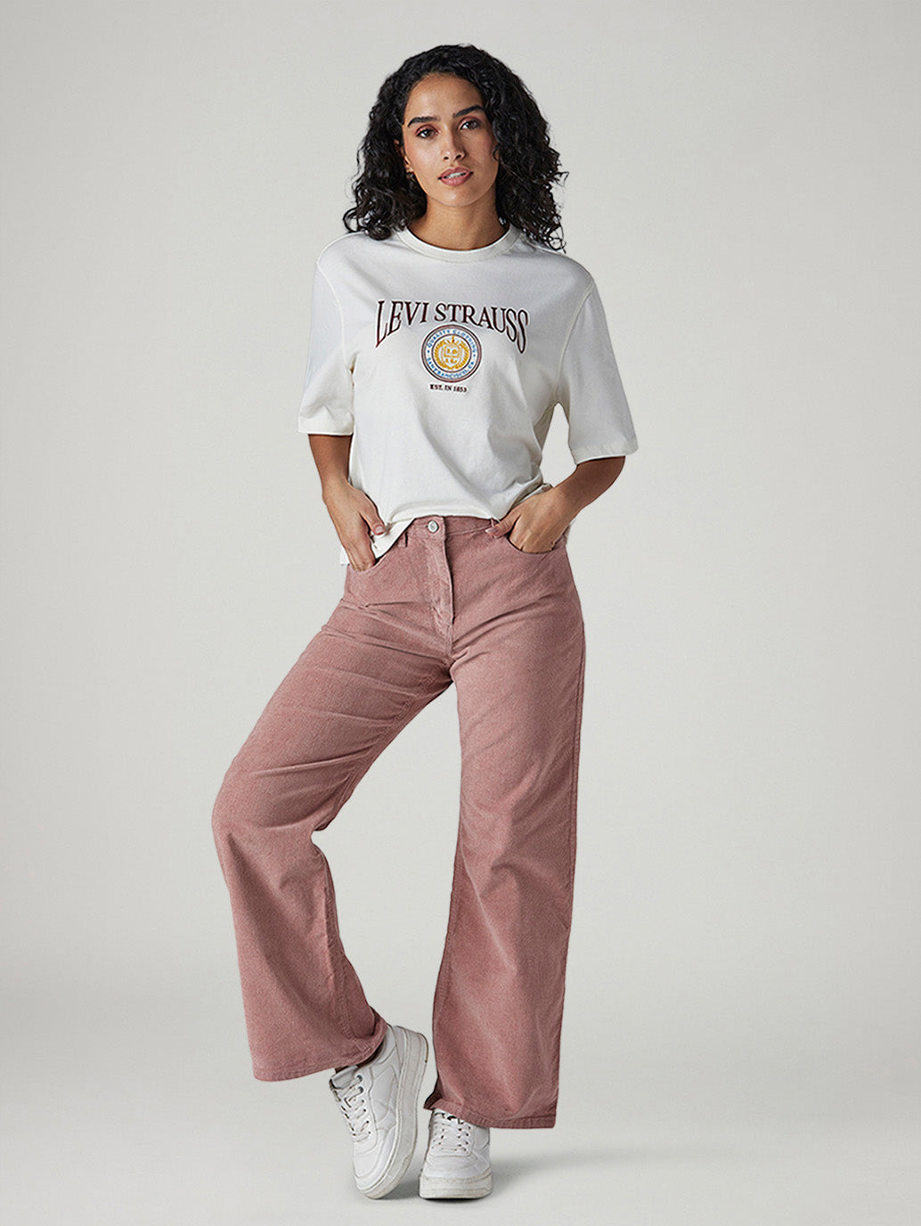 Women's Pink Loose Bootcut Fit Mid Rise Corduroy Cargos