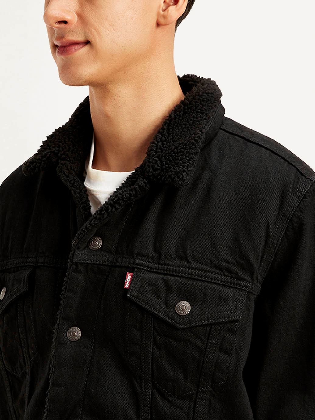 Men's Solid Black Spread Collar Denim Jacket - Detail View