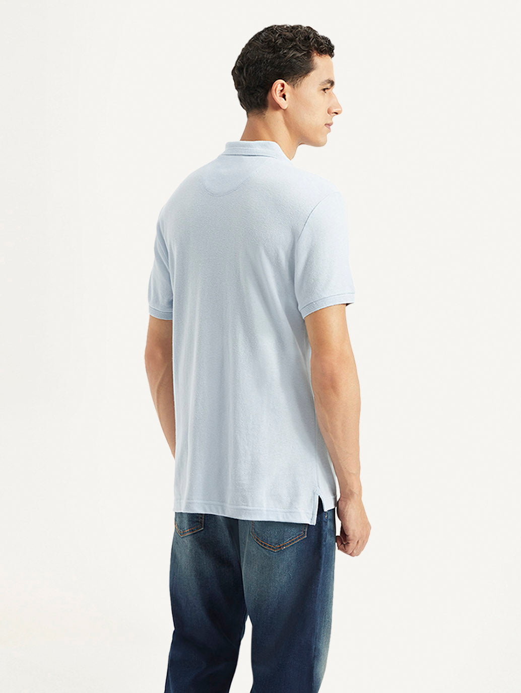 Men's Solid Slim Fit Polo Linen T-shirt - Back View