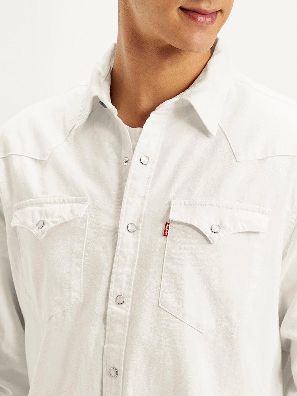 Men's Solid White Spread Collar Denim Shirt - Detail View