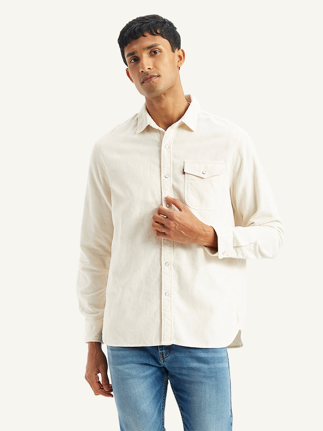 Men's Solid Regular Fit Denim Shirt - Front View
