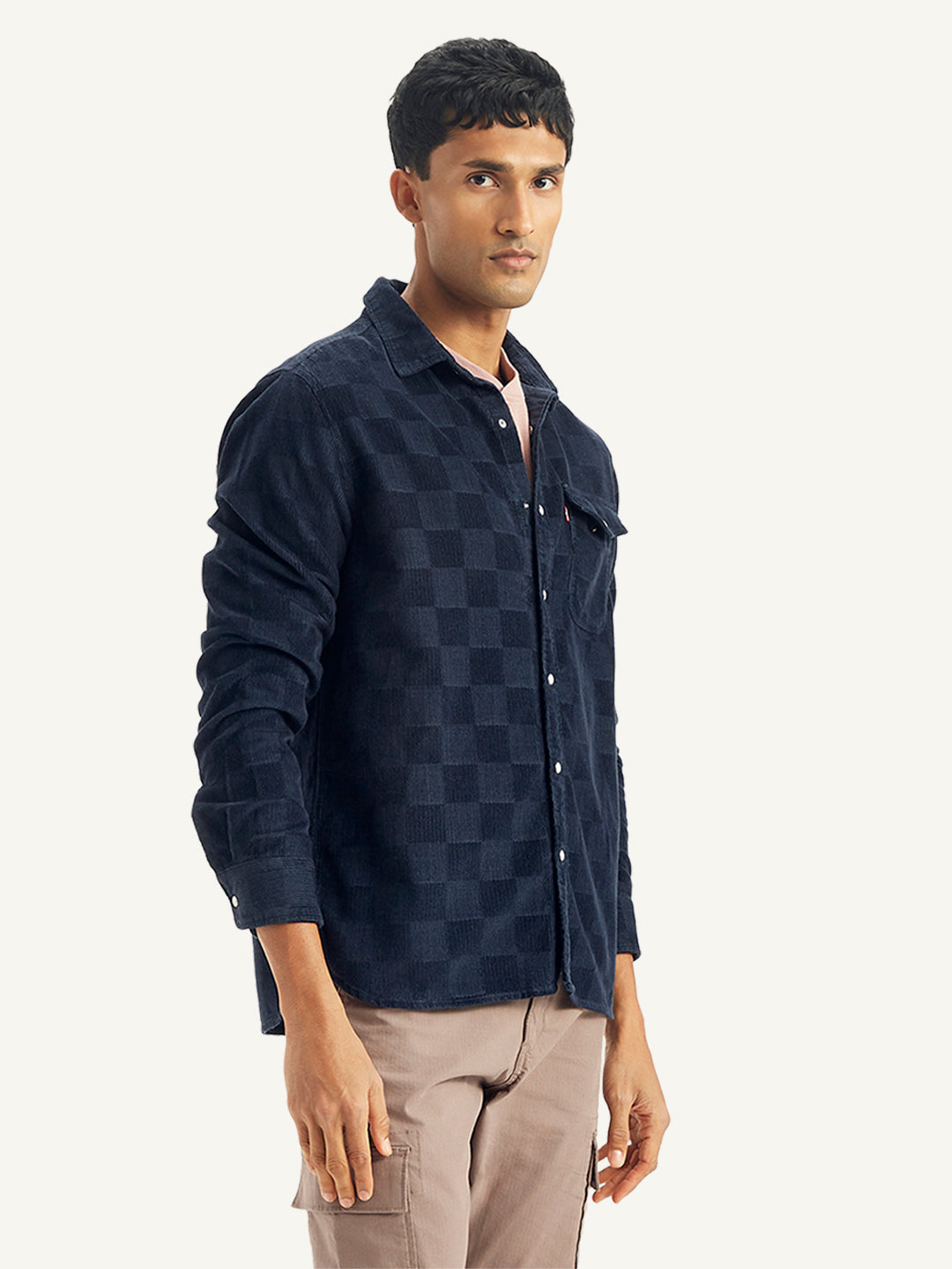 Men's Checkered Spread Collar Denim Shirt - Side View
