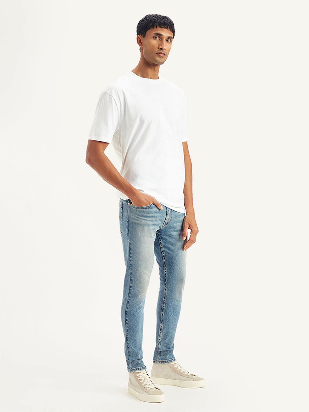 Men's Light Blue Skinny Fit Mid Rise Jeans - Side View