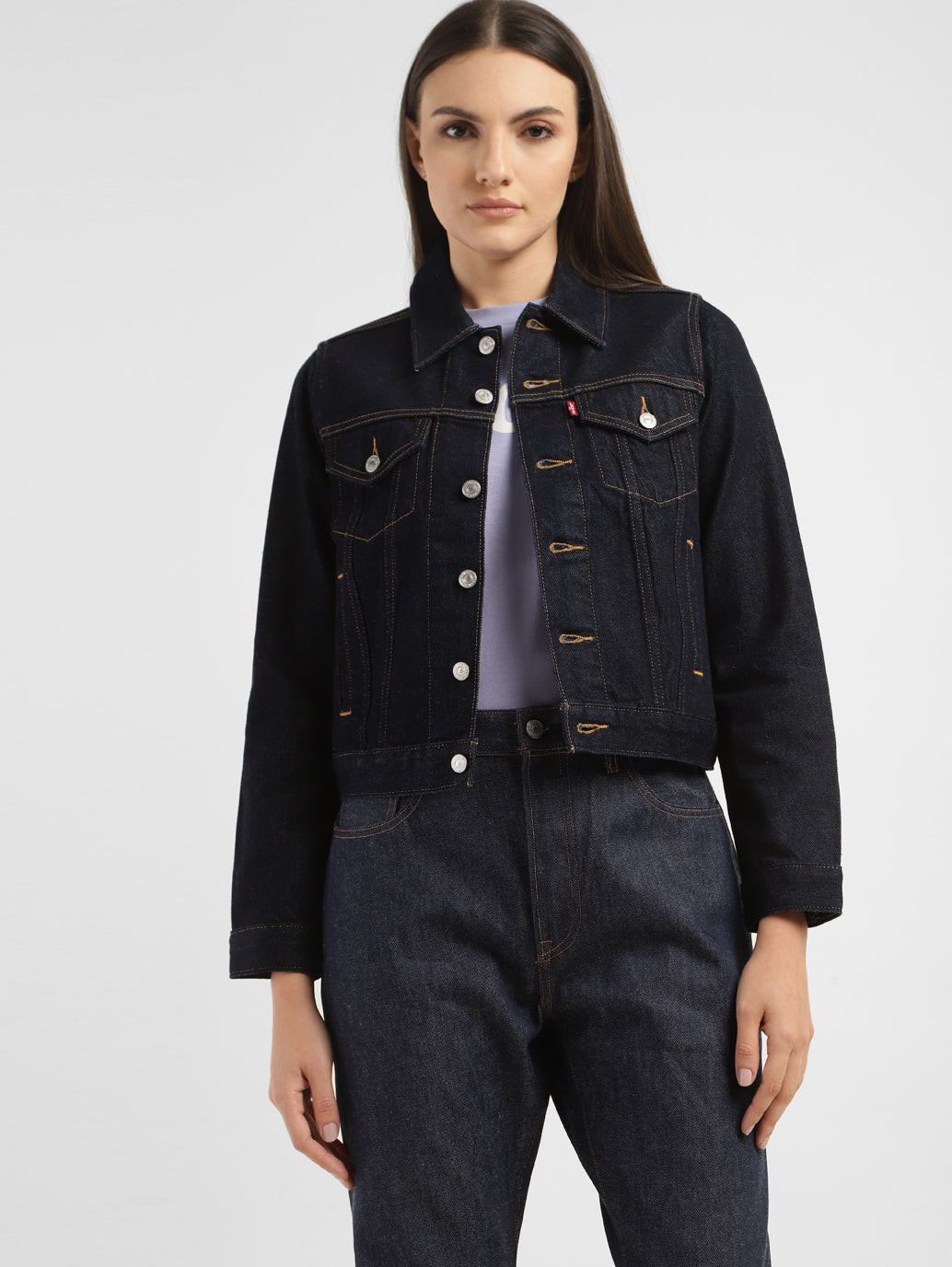 Women's Solid Spread Collar Denim Jacket - d5cb6886-cac3-4bab-8d8f-e103f3c8c5ff View