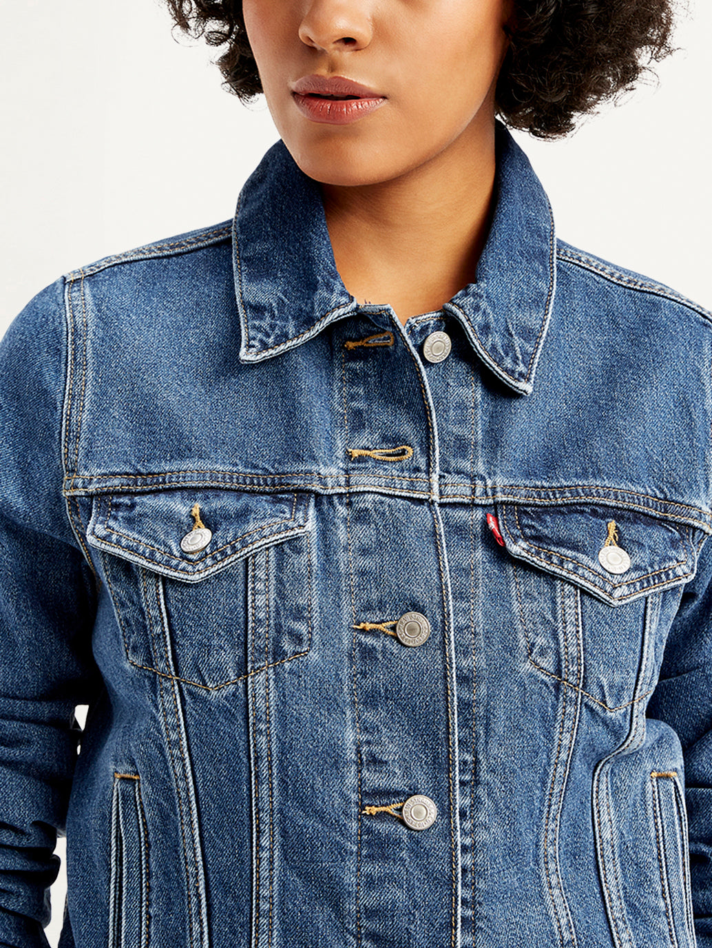Women's Solid Blue Spread Collar Denim Jacket - Detail View