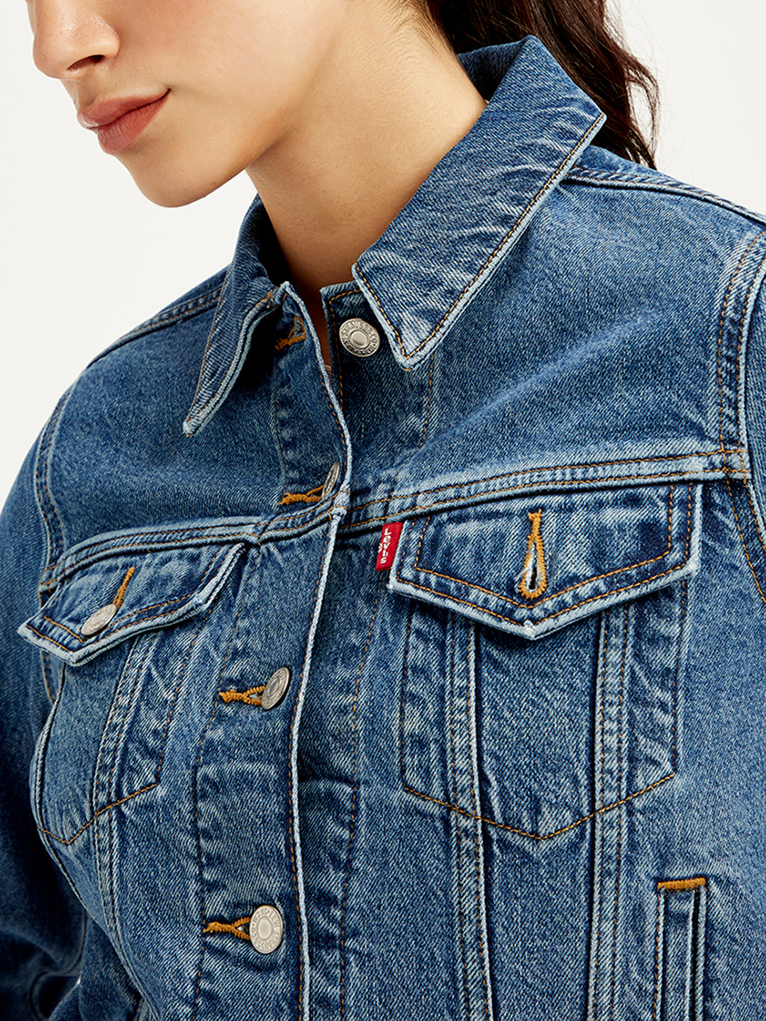 Women's Solid Blue Spread Collar Denim Jacket - Detail View