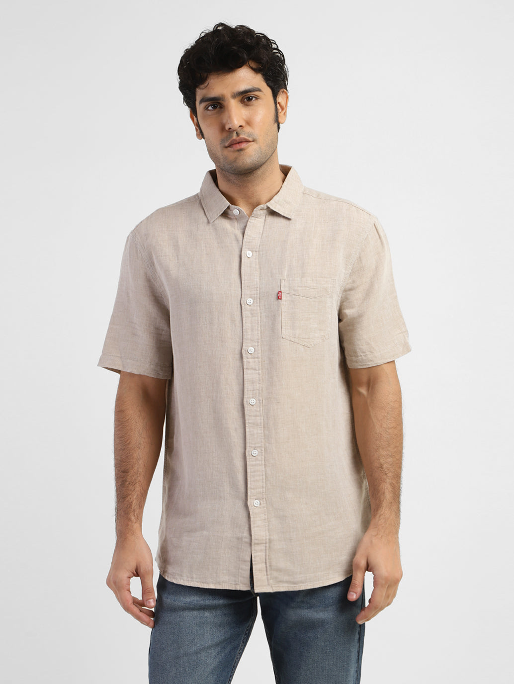 Men's Solid Regular Fit Linen Shirt - Front View