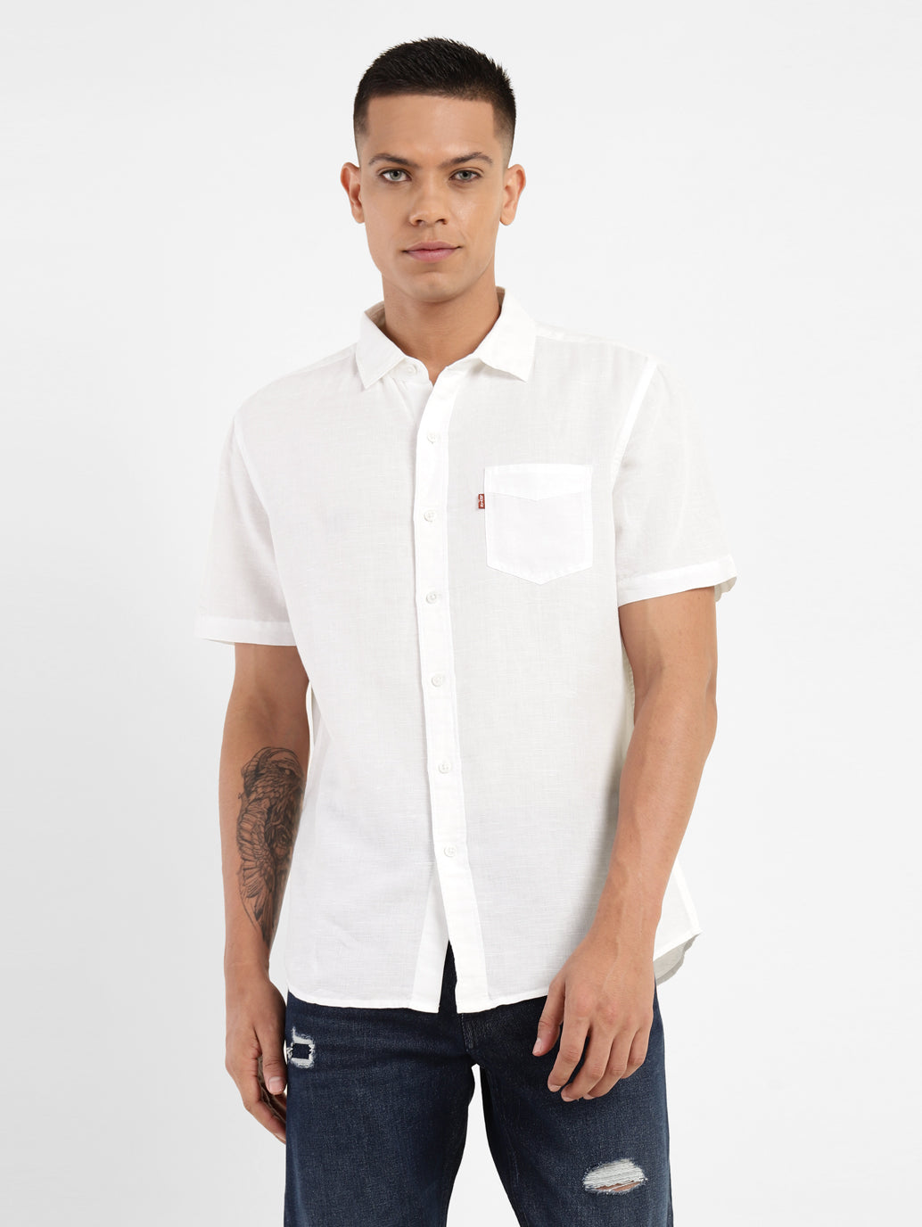 Men's Solid Slim Fit Linen Shirt - Front View
