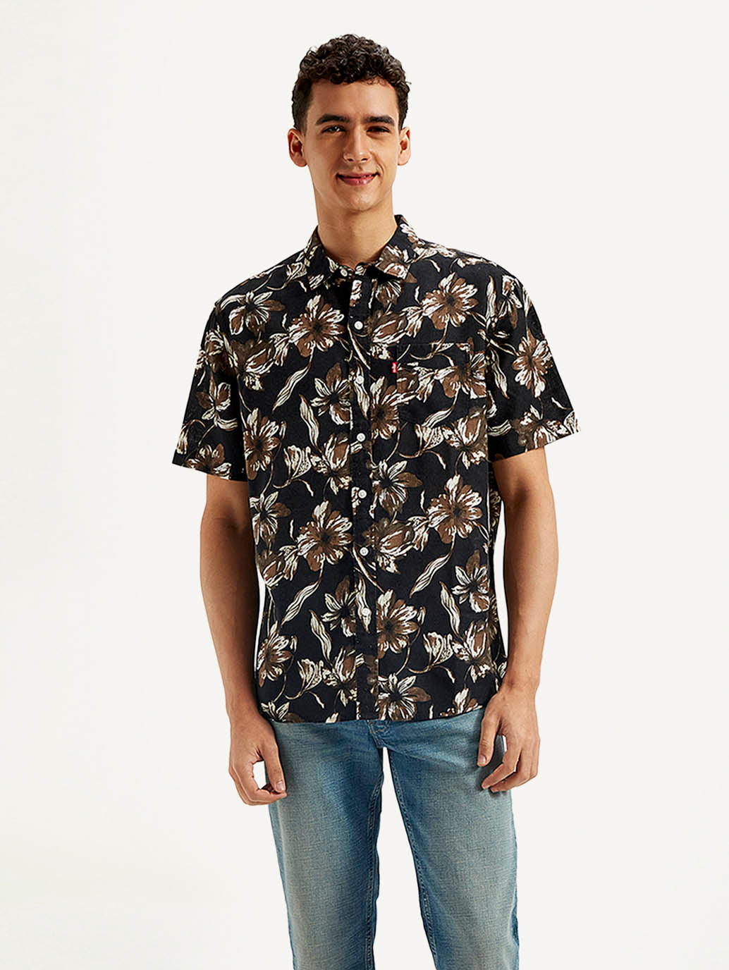 Men's Floral Slim Fit Linen Shirt - Front View