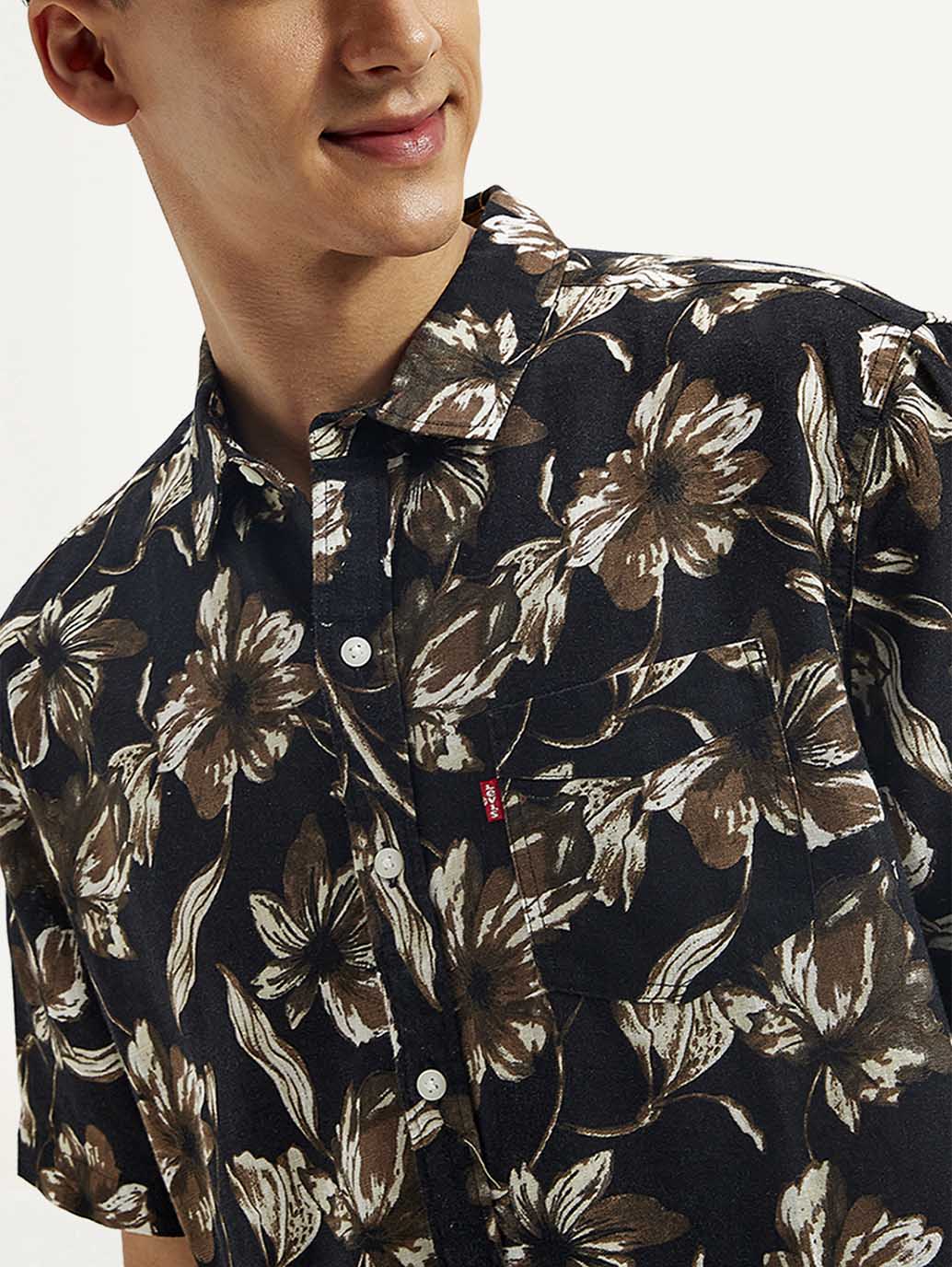 Men's Floral Slim Fit Linen Shirt - Detail View