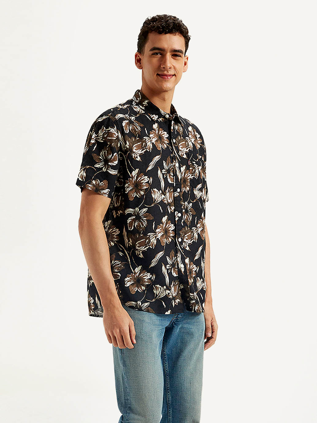Men's Floral Slim Fit Linen Shirt - Side View