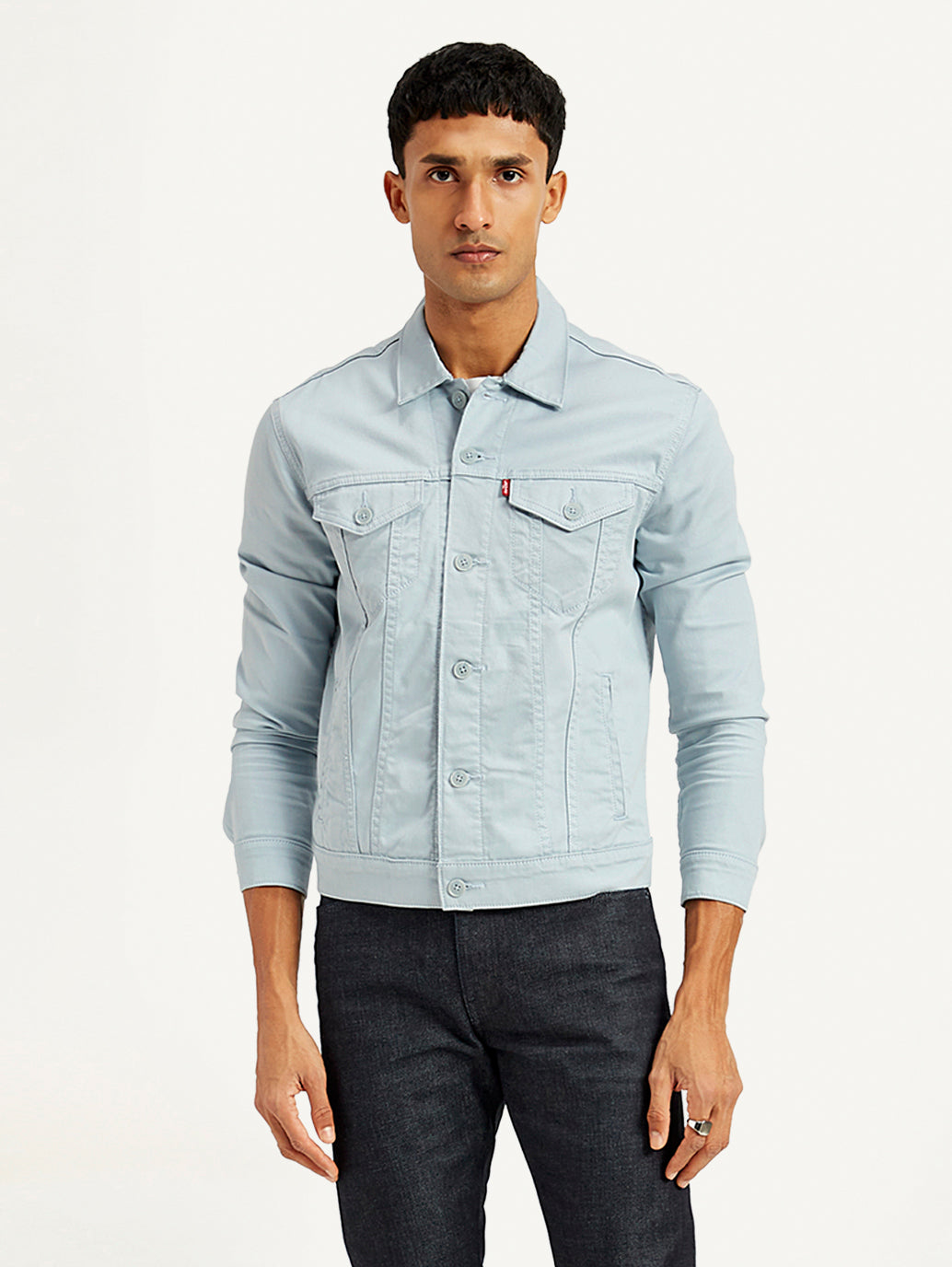Men's Solid Light-Blue Spread Collar Trucker Denim Jacket - Front View