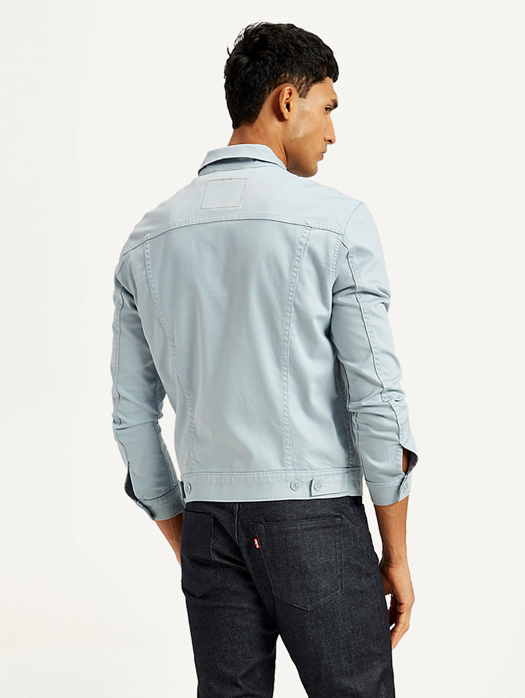 Men's Solid Light-Blue Spread Collar Trucker Denim Jacket - Back View
