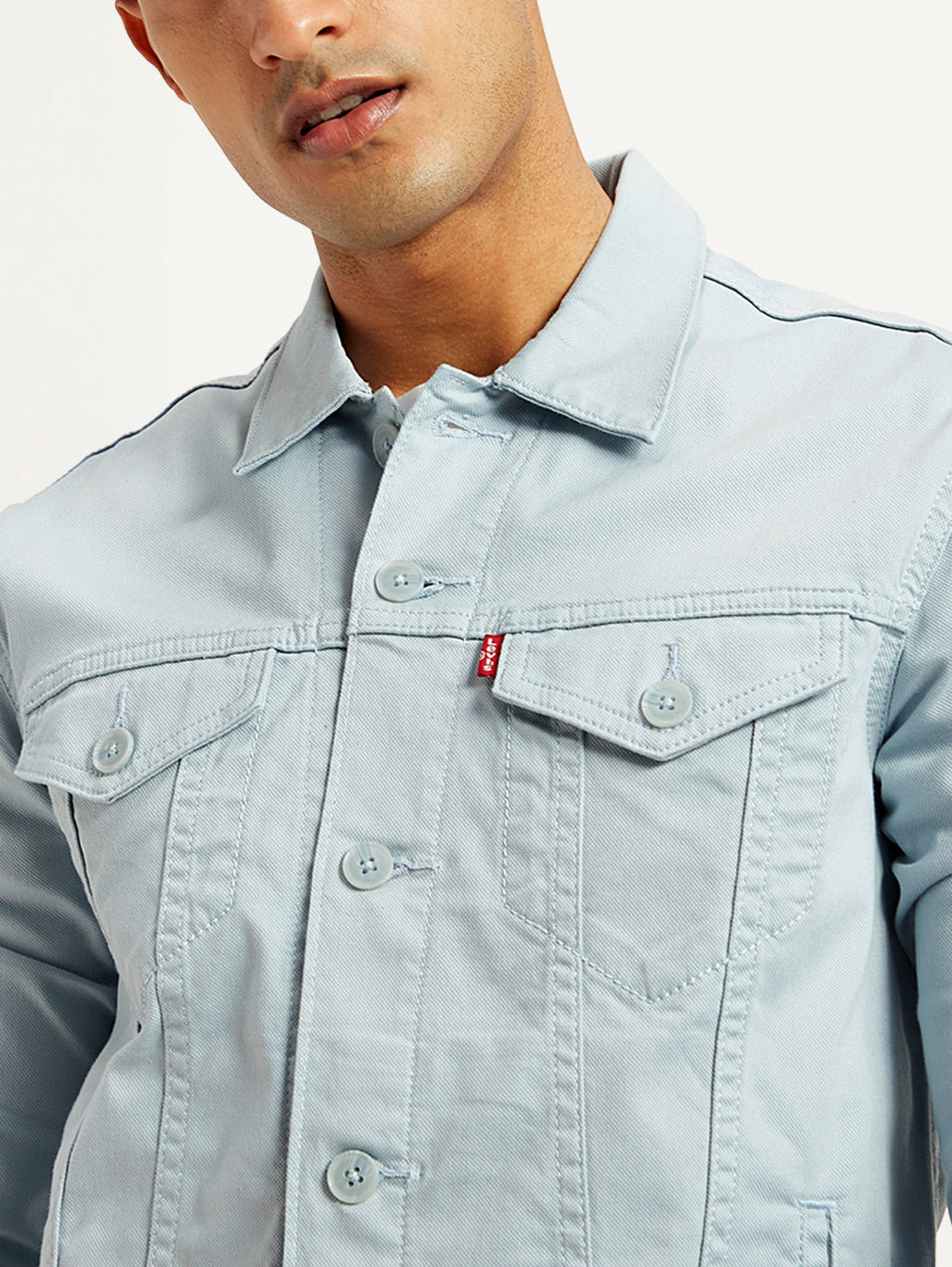 Men's Solid Light-Blue Spread Collar Trucker Denim Jacket - Detail View