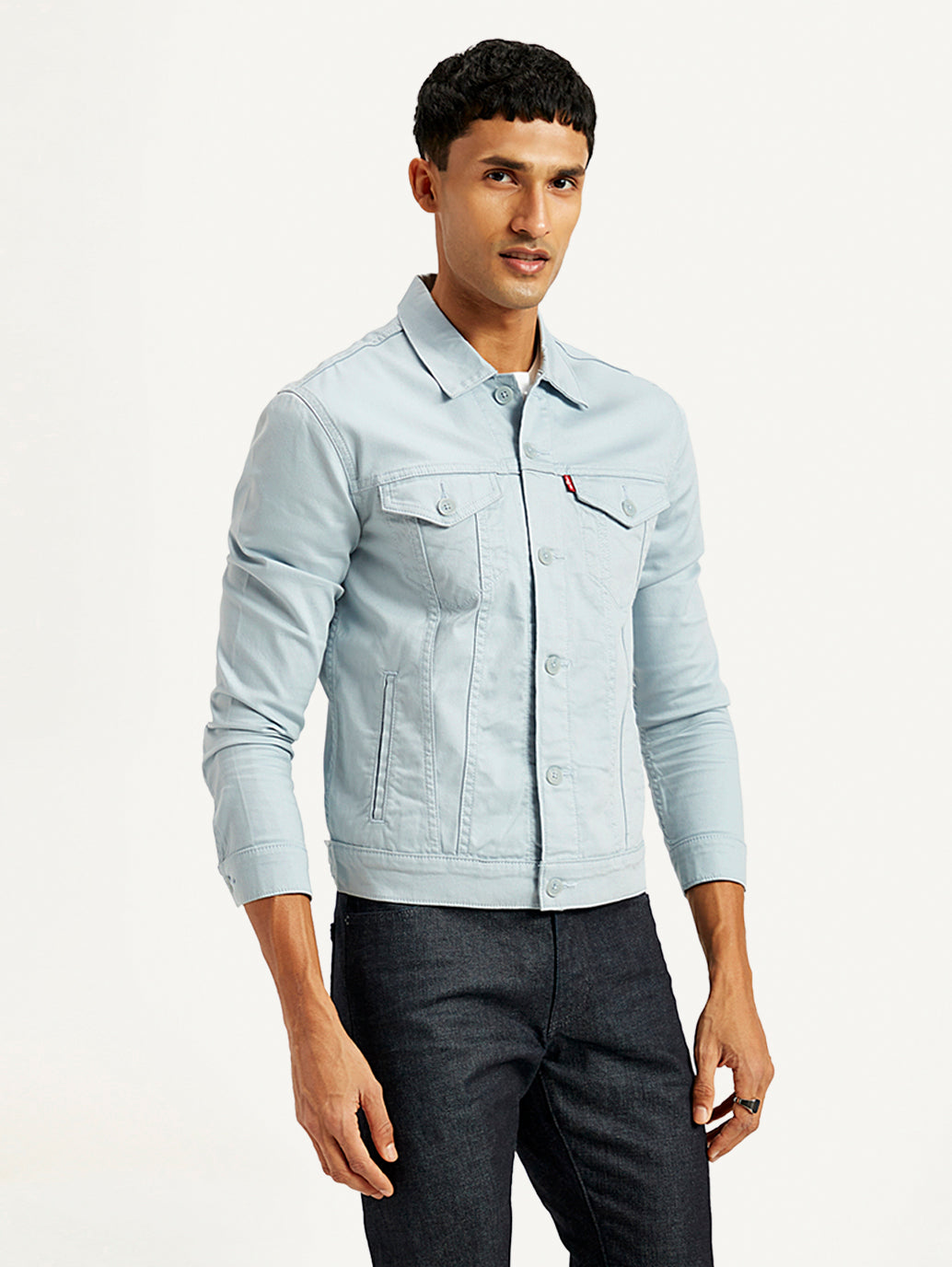 Men's Solid Light-Blue Spread Collar Trucker Denim Jacket - Side View