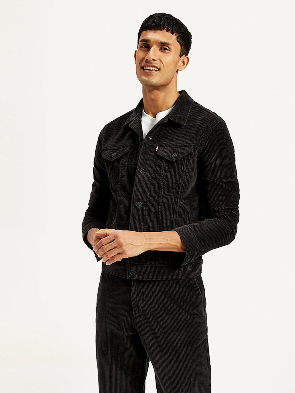 Men's Solid Black Spread Collar Denim Jacket - Styleshot View