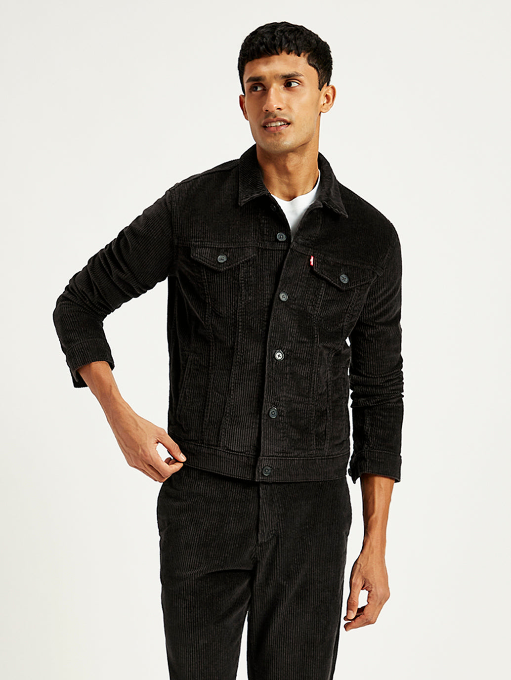 Men's Solid Black Spread Collar Denim Jacket - Front View