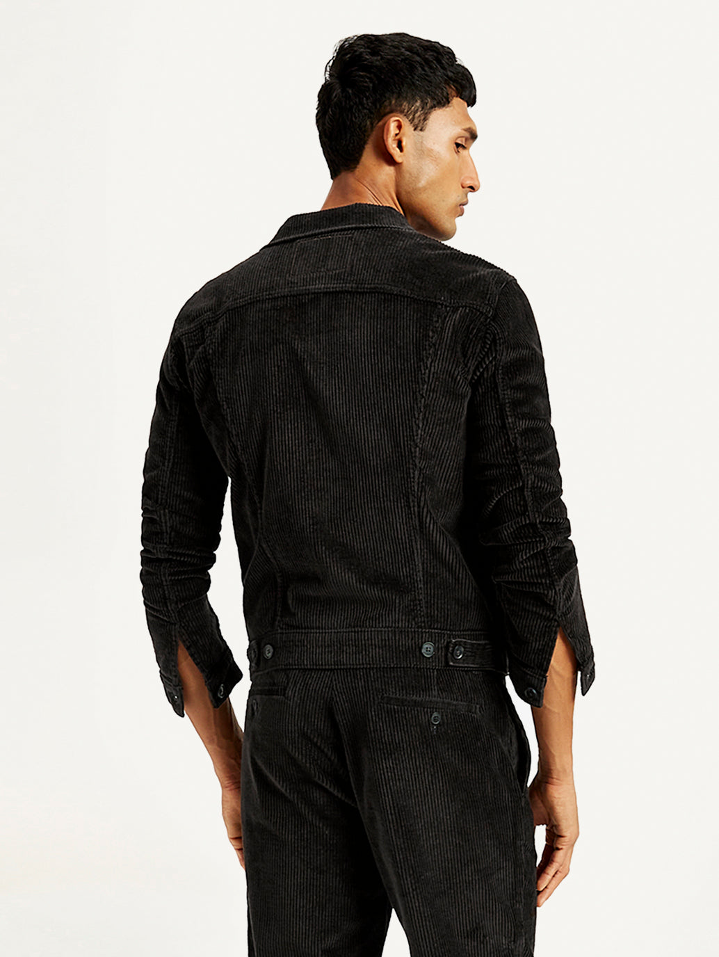 Men's Solid Black Spread Collar Denim Jacket - Back View